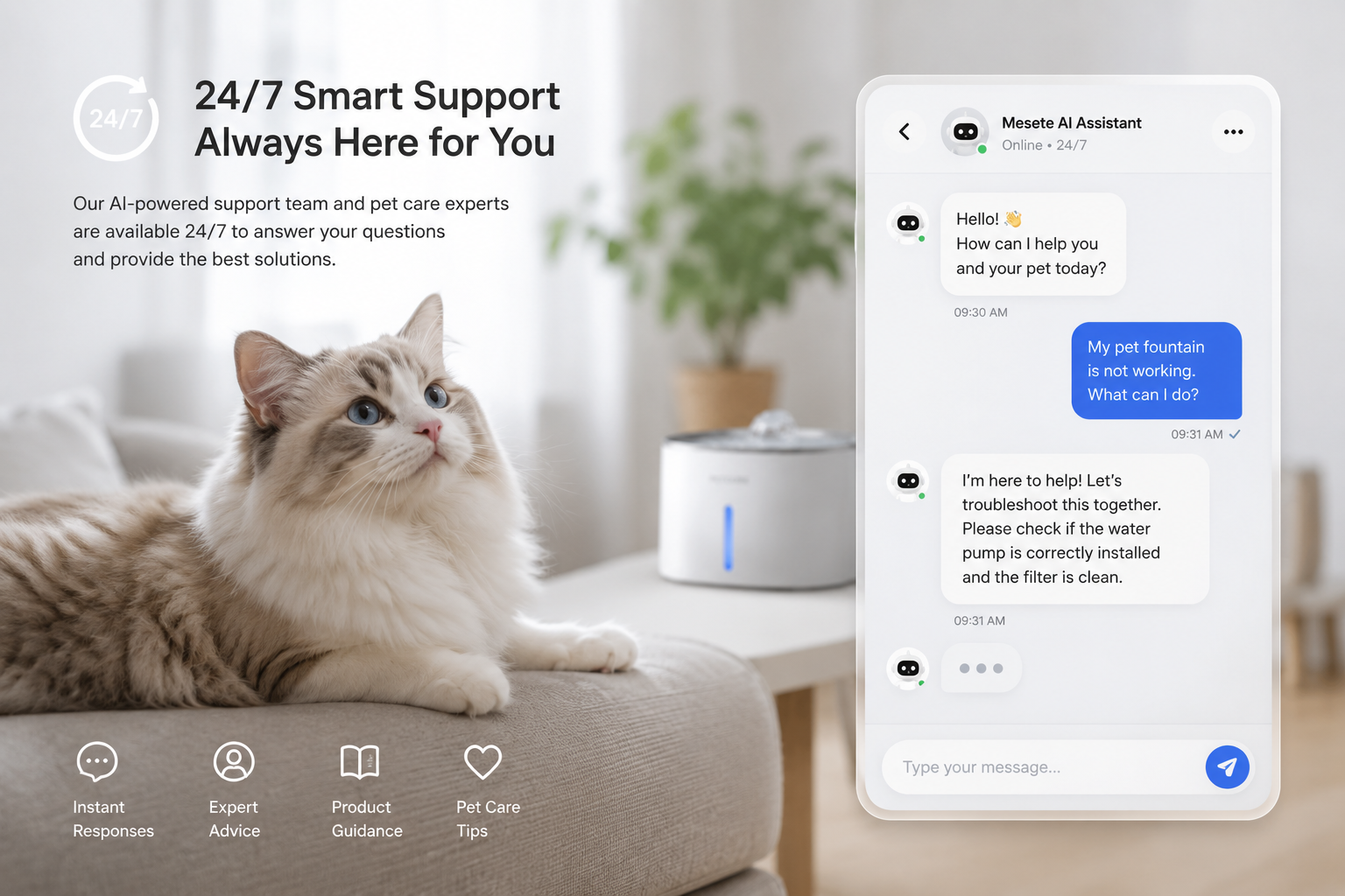 24/7 AI pet support chat
