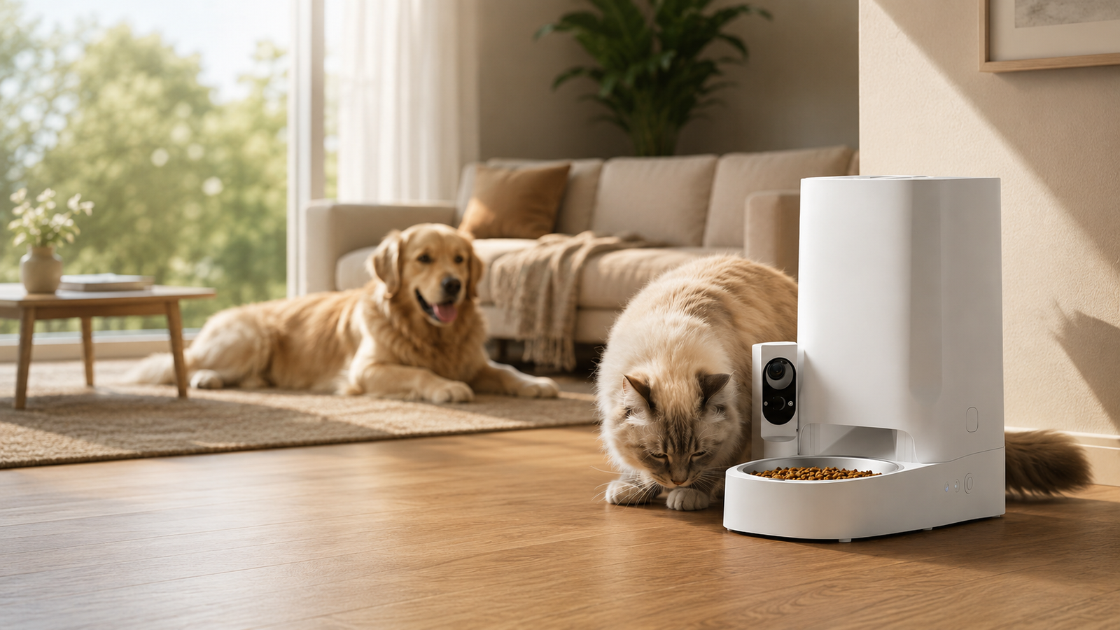 Smart automatic pet feeder in a modern living room