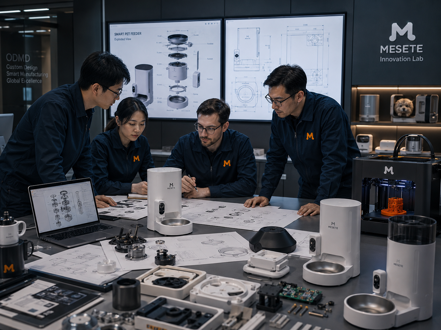 Engineering team developing custom pet product