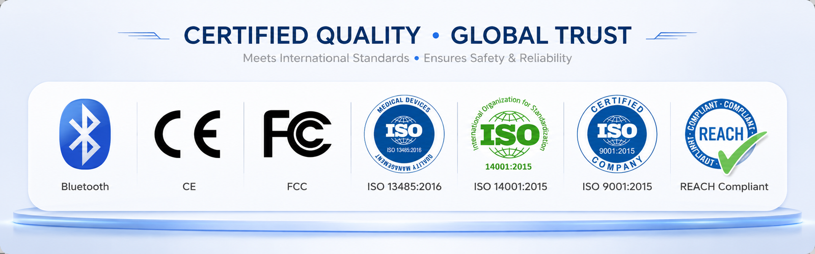 Global certifications — CE, FCC, RoHS, REACH, BSCI, ISO 9001