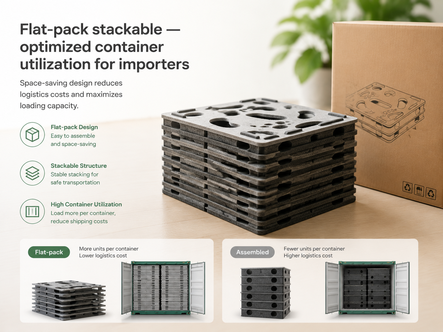 Flat-pack stackable — optimized container utilization for importers