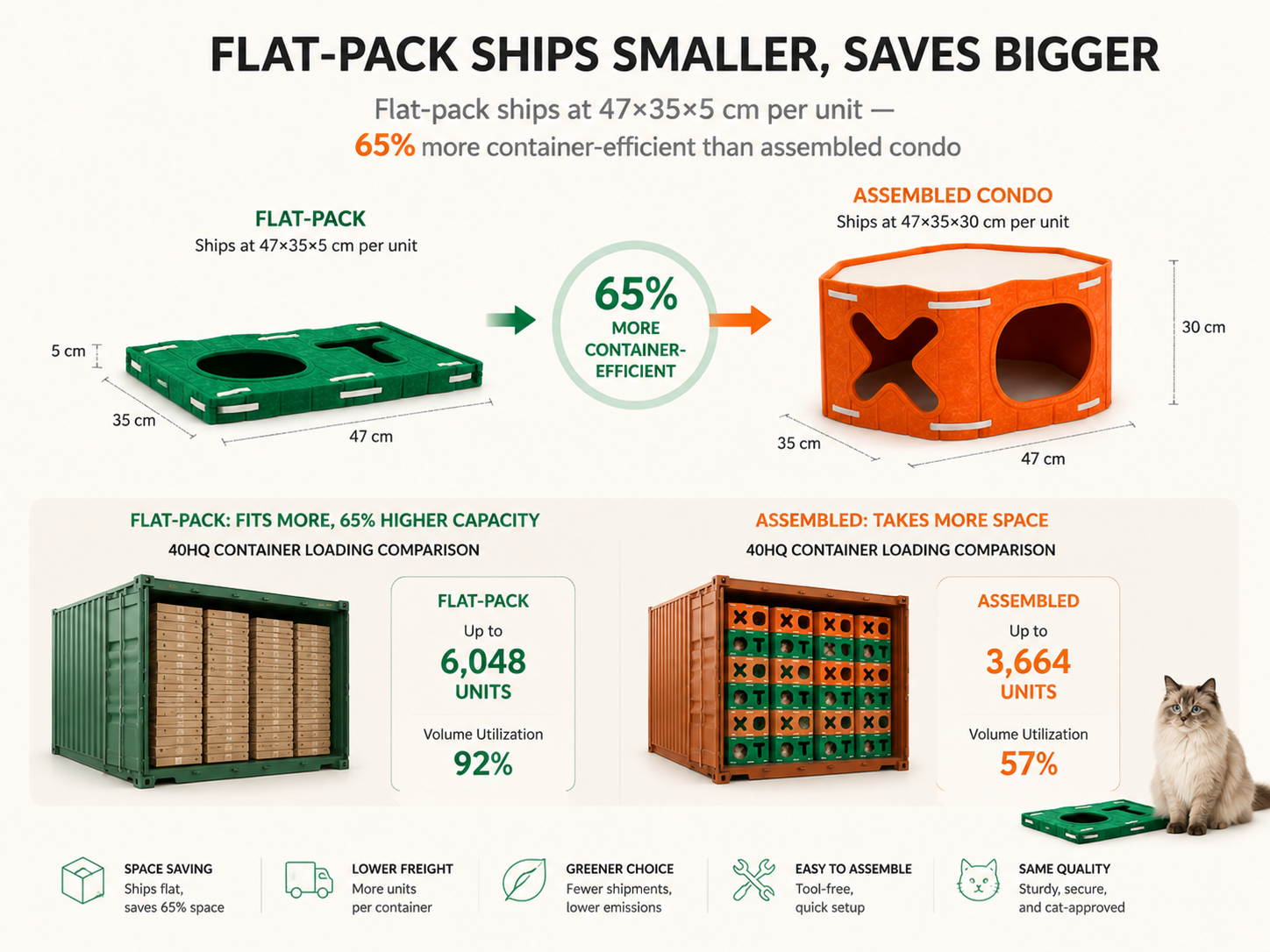 Flat-pack ships at 47×35×5 cm per unit — 65% more container-efficient than assembled condos