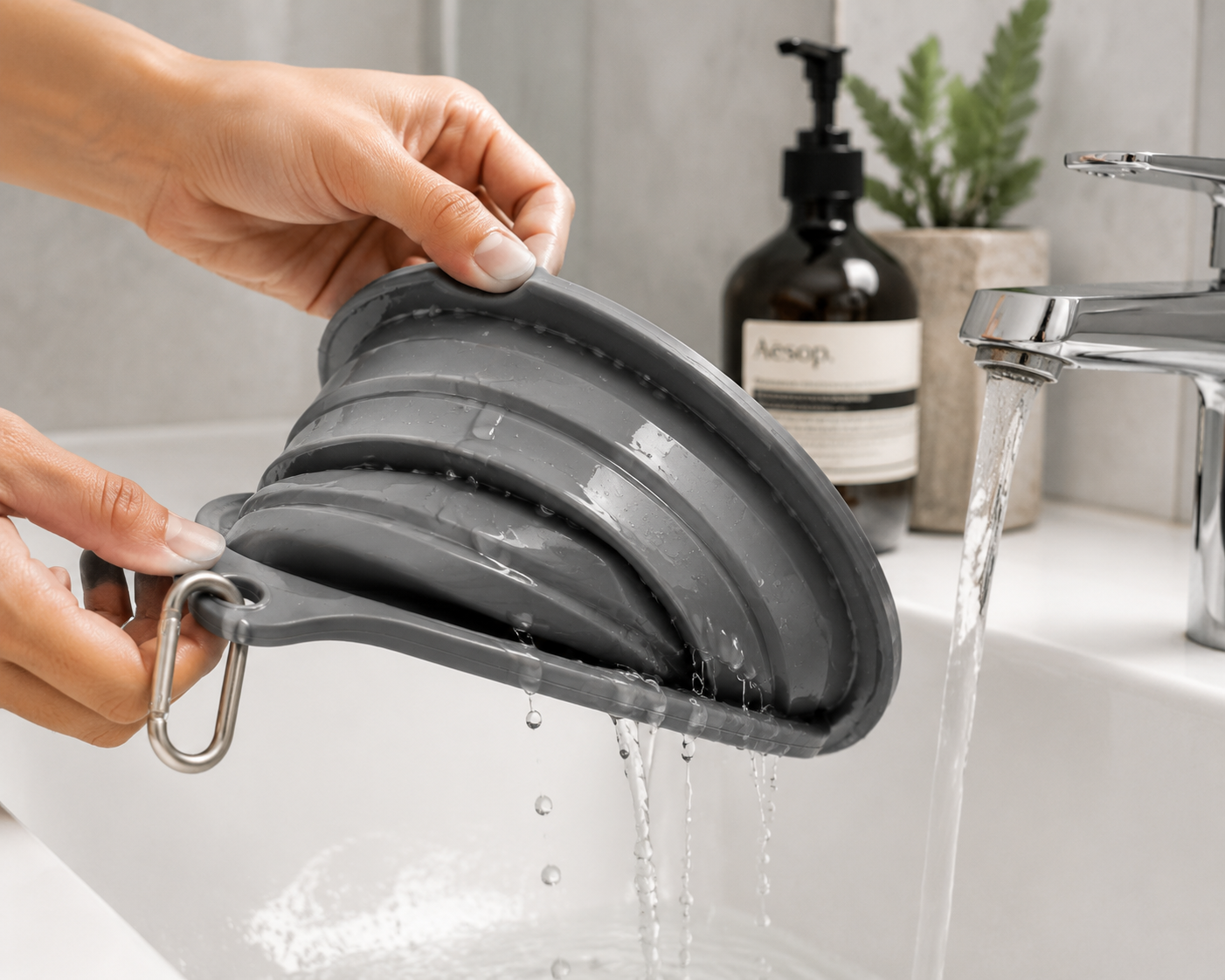 Pleat-to-pleat drain channels — water escapes when folded, bowl dries completely in the bag