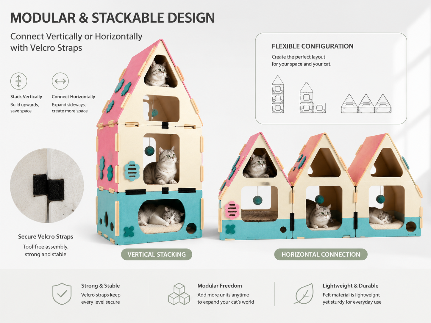 Three-compartment layout — sleeping chamber + scratching room + roof observation deck