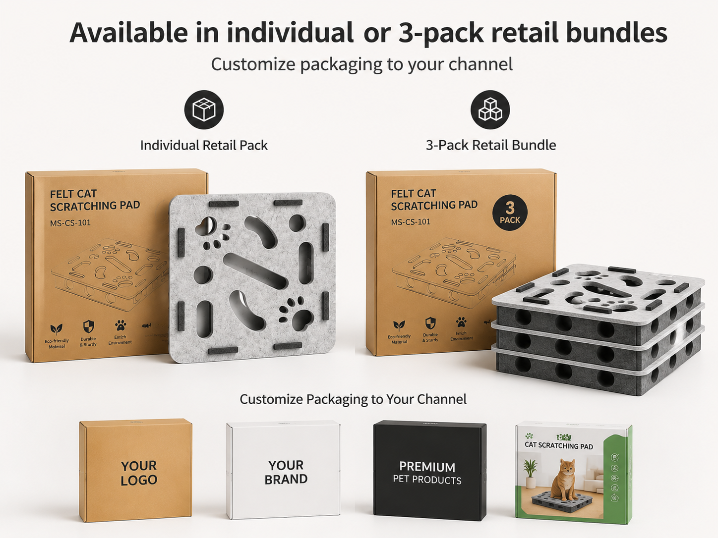 Available in individual or 3-pack retail bundles — customize packaging to your channel
