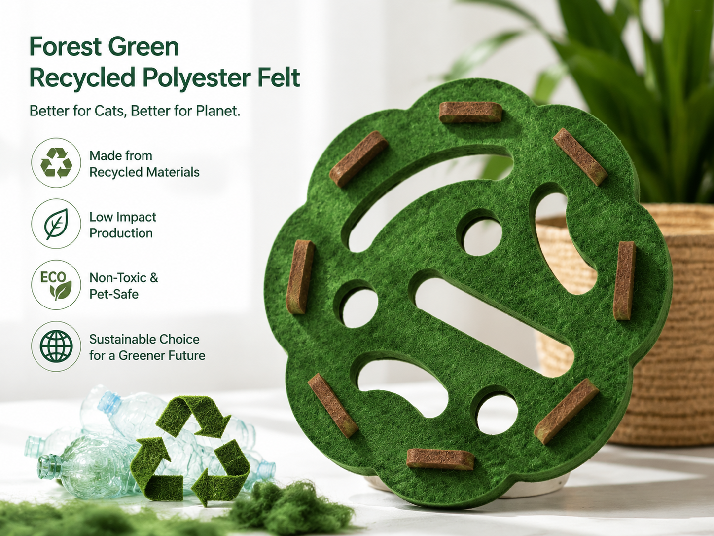 Forest green recycled polyester felt — eco visual cue for retail shelf appeal