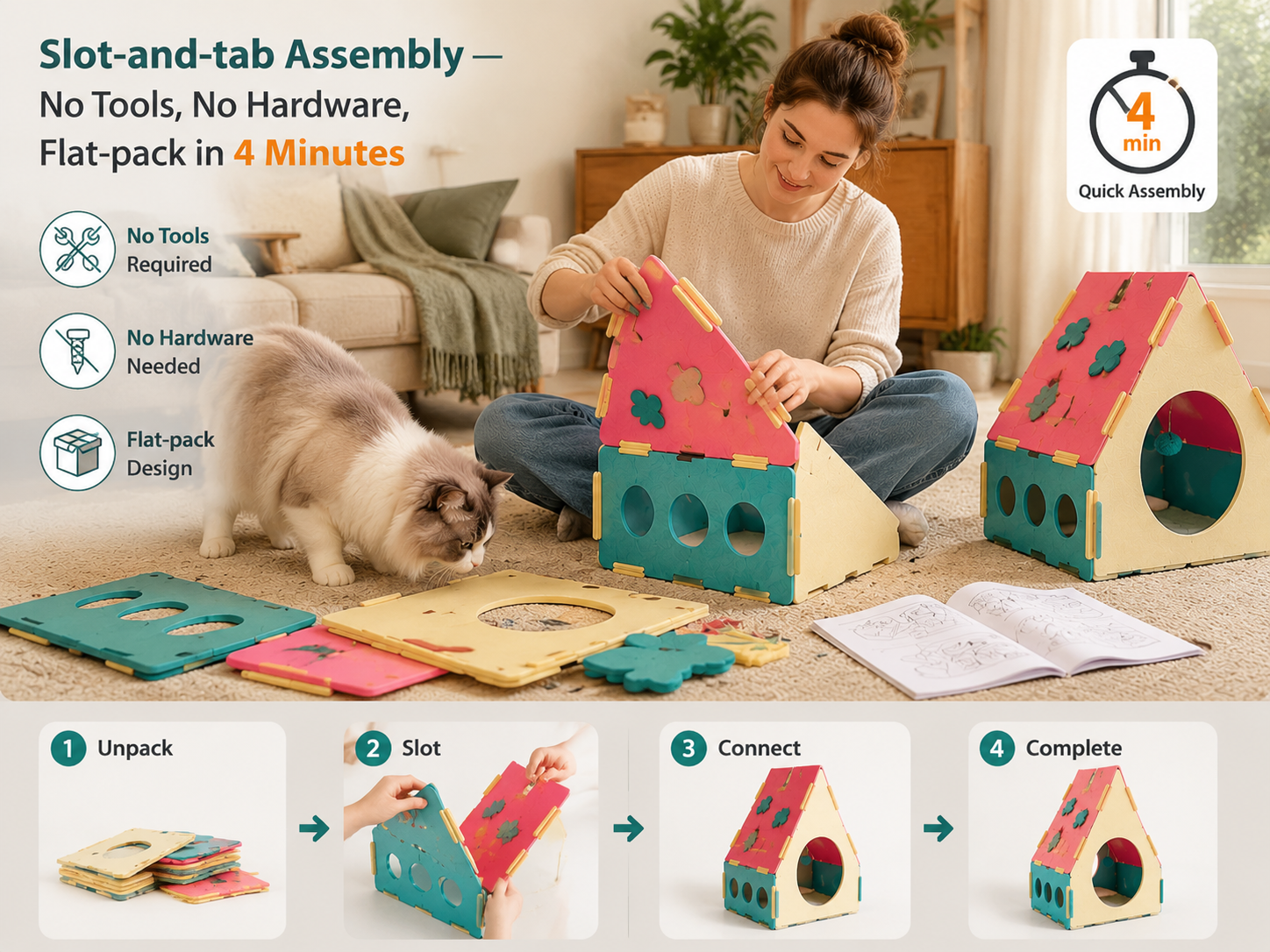 Slot-and-tab assembly — no tools, no hardware, flat-pack in 4 minutes