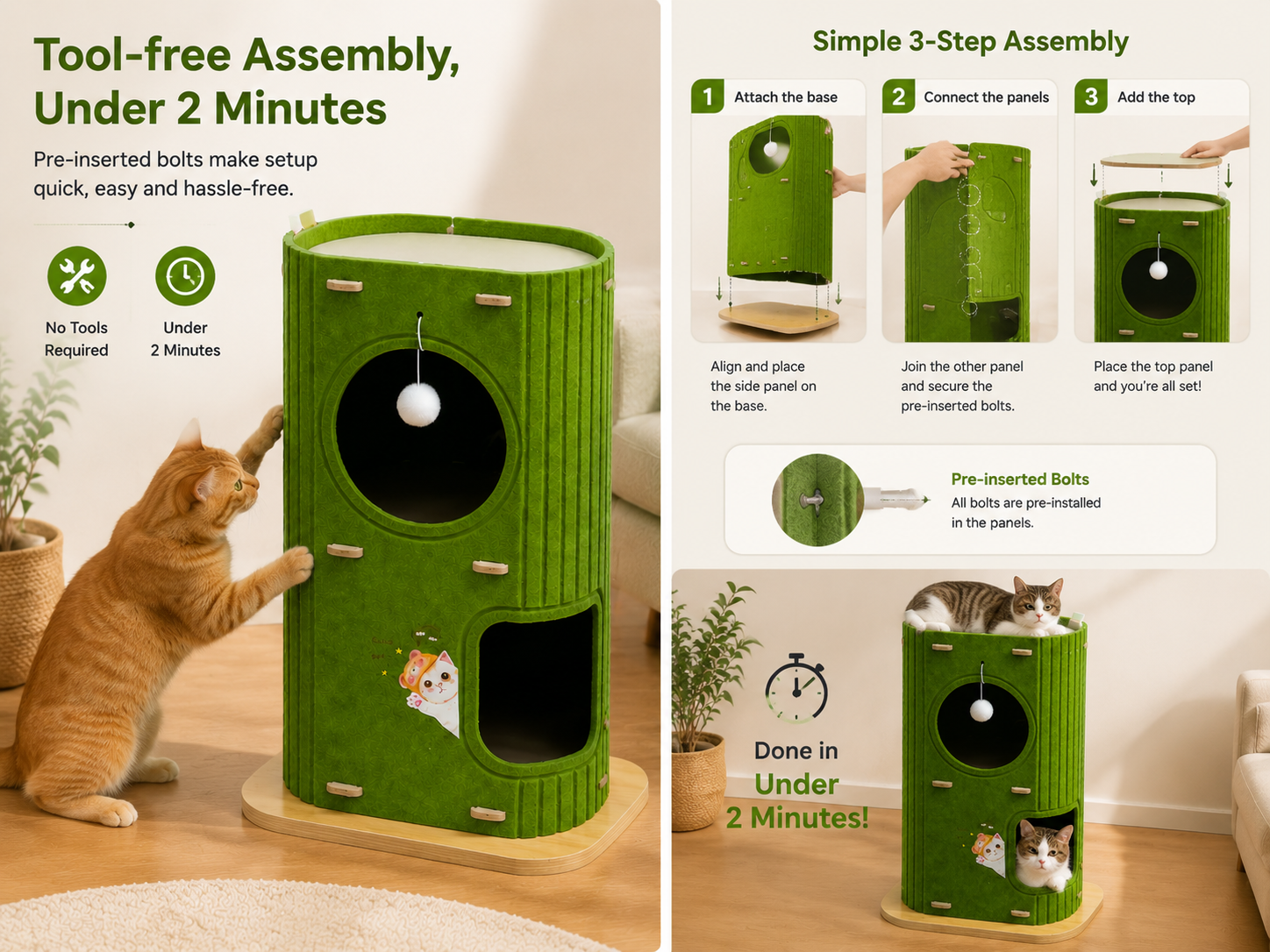 Tool-free assembly — pre-inserted bolts, under 2 minutes