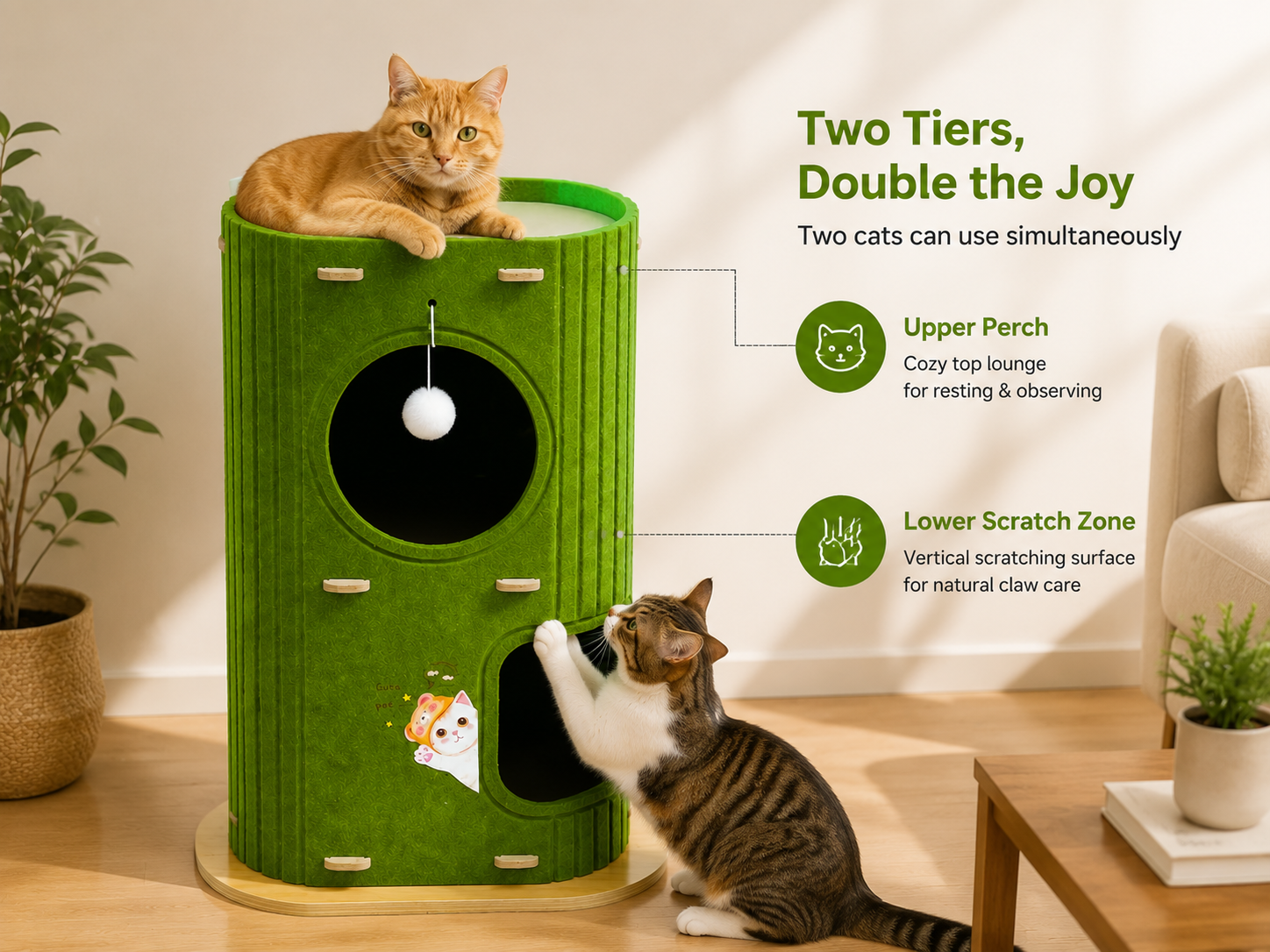 Two felt-wrapped tiers — upper perch + lower scratch zone, two cats can use simultaneously