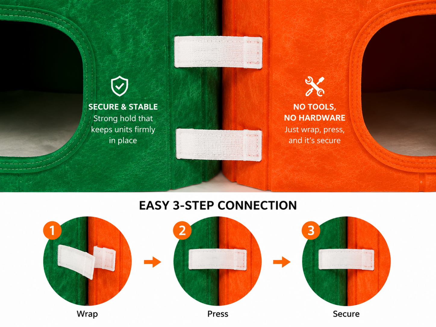 Modular stackable design — units connect vertically or horizontally via velcro straps