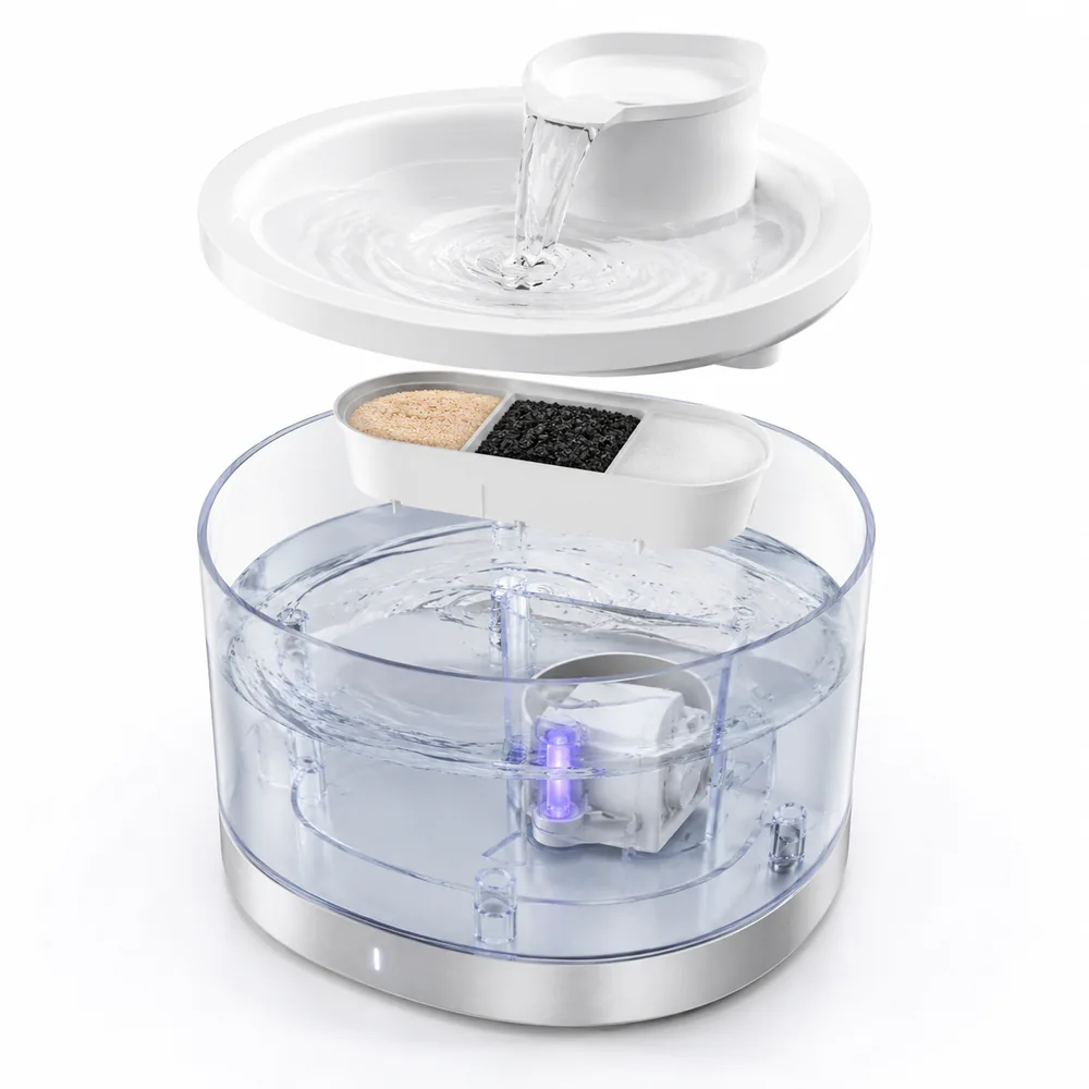 Mesete Active fountain illustration showing the tray, filter and reservoir