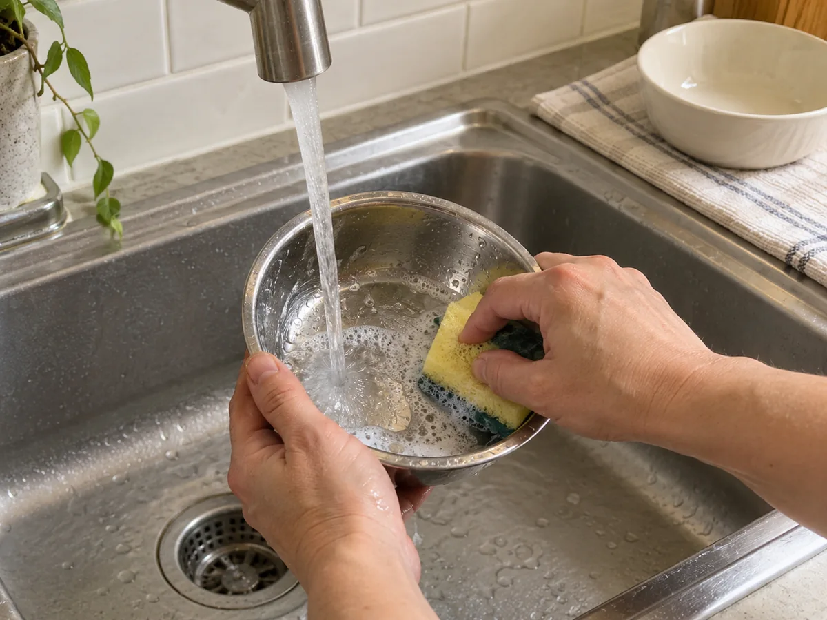 Hands washing a stainless steel cat water bowl in a kitchen sink