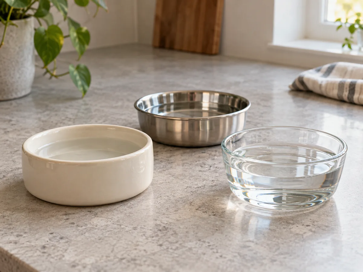 Ceramic, stainless steel and glass bowls containing clear water
